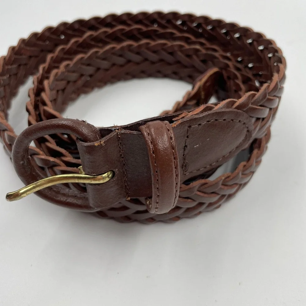 Mens Dark Brown Braided Leather Belt Gold Buckle Woven Casual Size 44/46 48 Inch